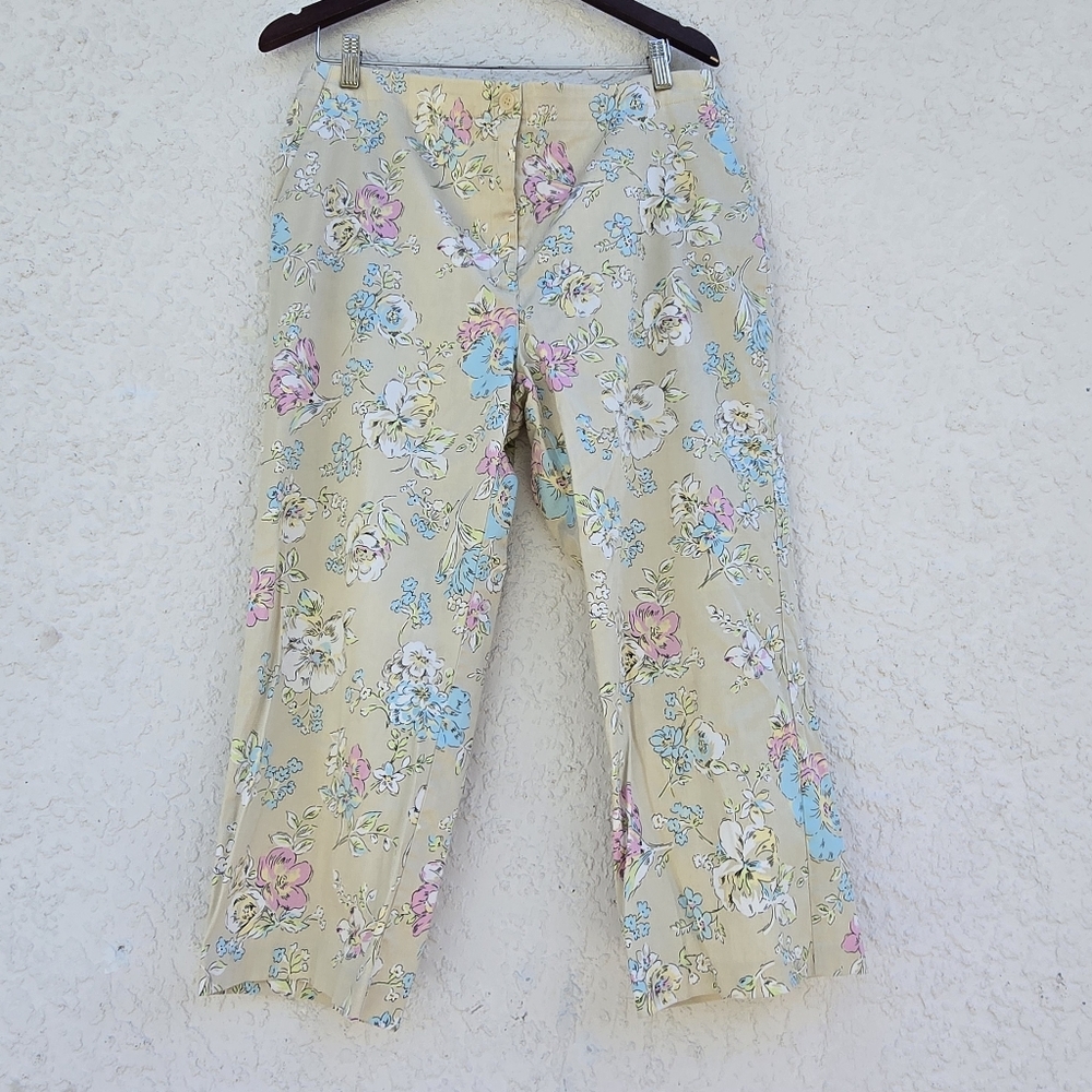 Oscar Dw La Renta Floral Print Beige Pants Size 14 - Picture 1 of 7